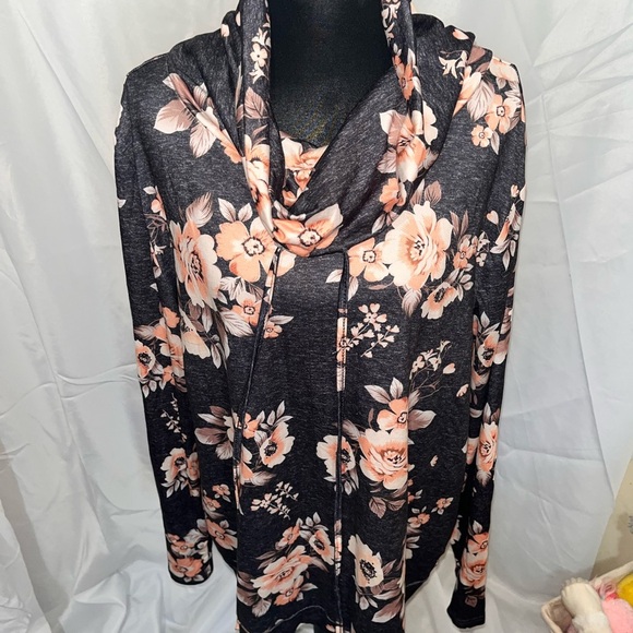 Floral Cowl Neck Pullover Sweater with Drawstring/ Lightweight/ Soft - Picture 6 of 7